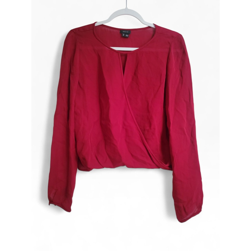 Theory Red Silk Blend Faux Wrap Keyhole Long Sleeve Blouse Small Relaxed Fit